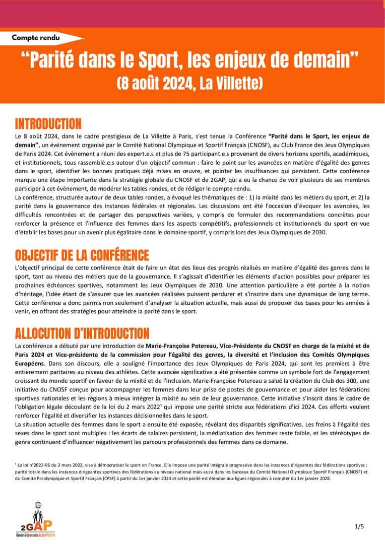 Conférence sur la parité au Club France - CR 2GAP